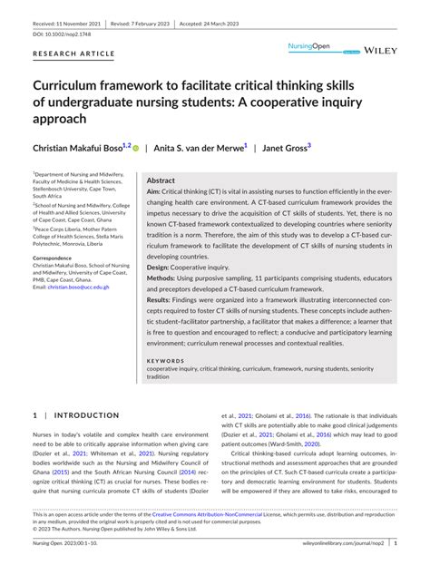 Curriculum framework to facilitate critical thinking skills of .